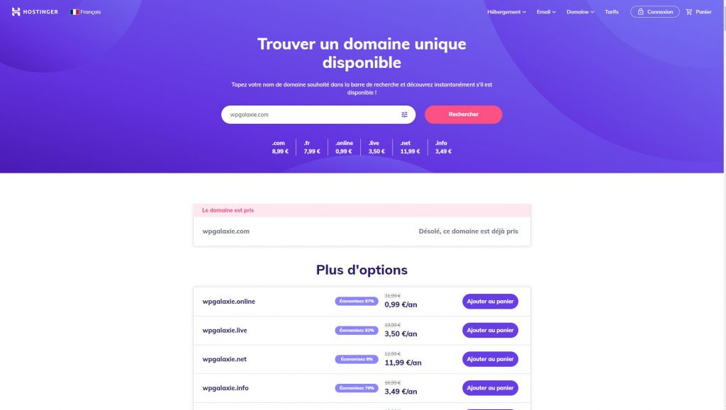 Recherche disponibilité nom de domaine chez Hostinger